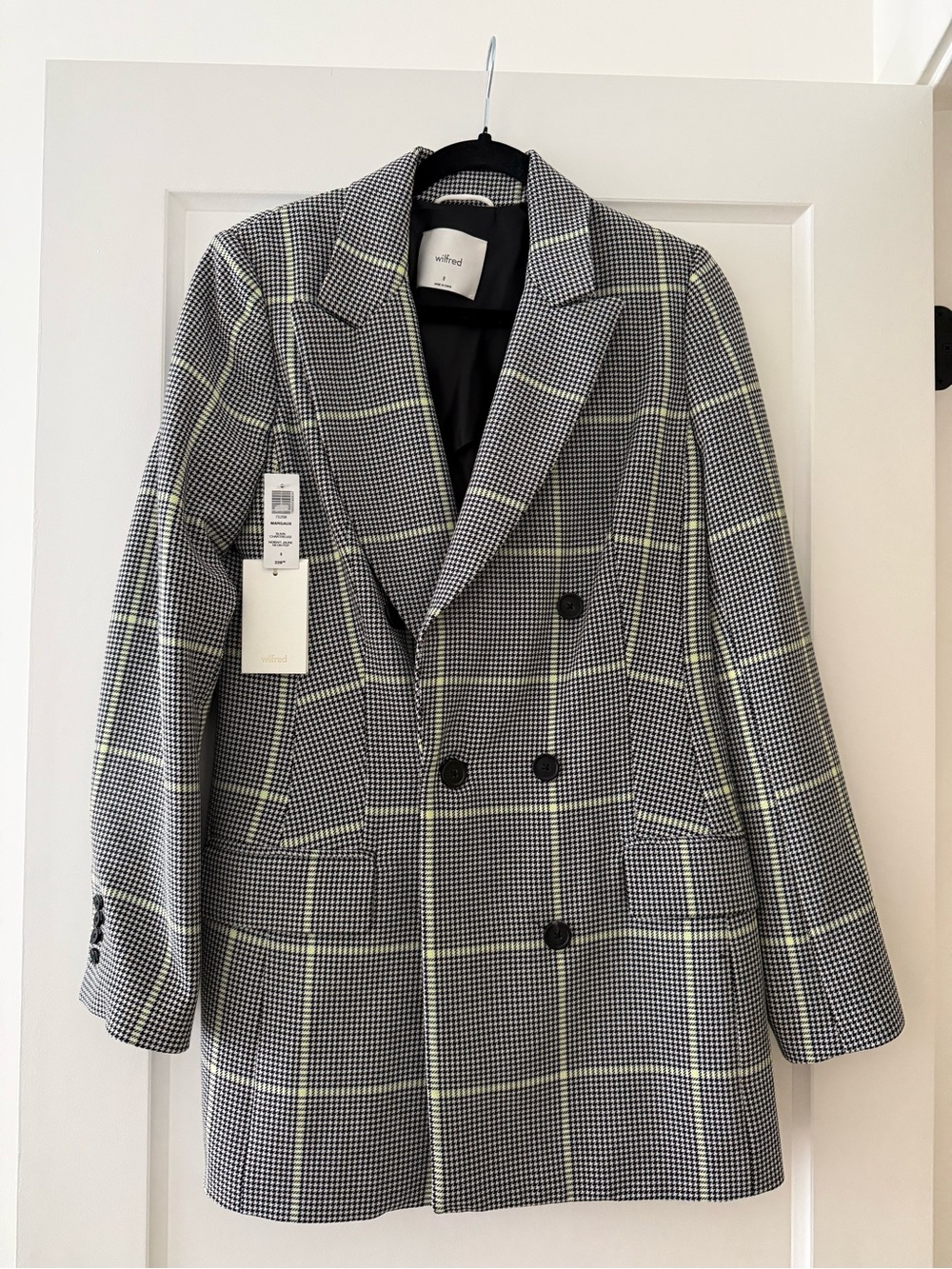 Wilfred Double-Breasted Checked Blazer (Black, White, Pale Yellow)